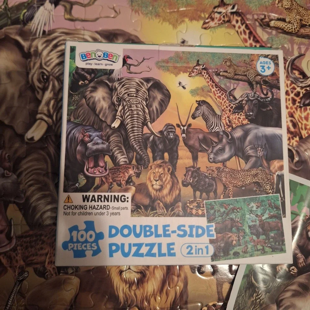 BenOBen Double-Sided 2in1 Puzzle 100‎ Pieces Safari and Forest Animals